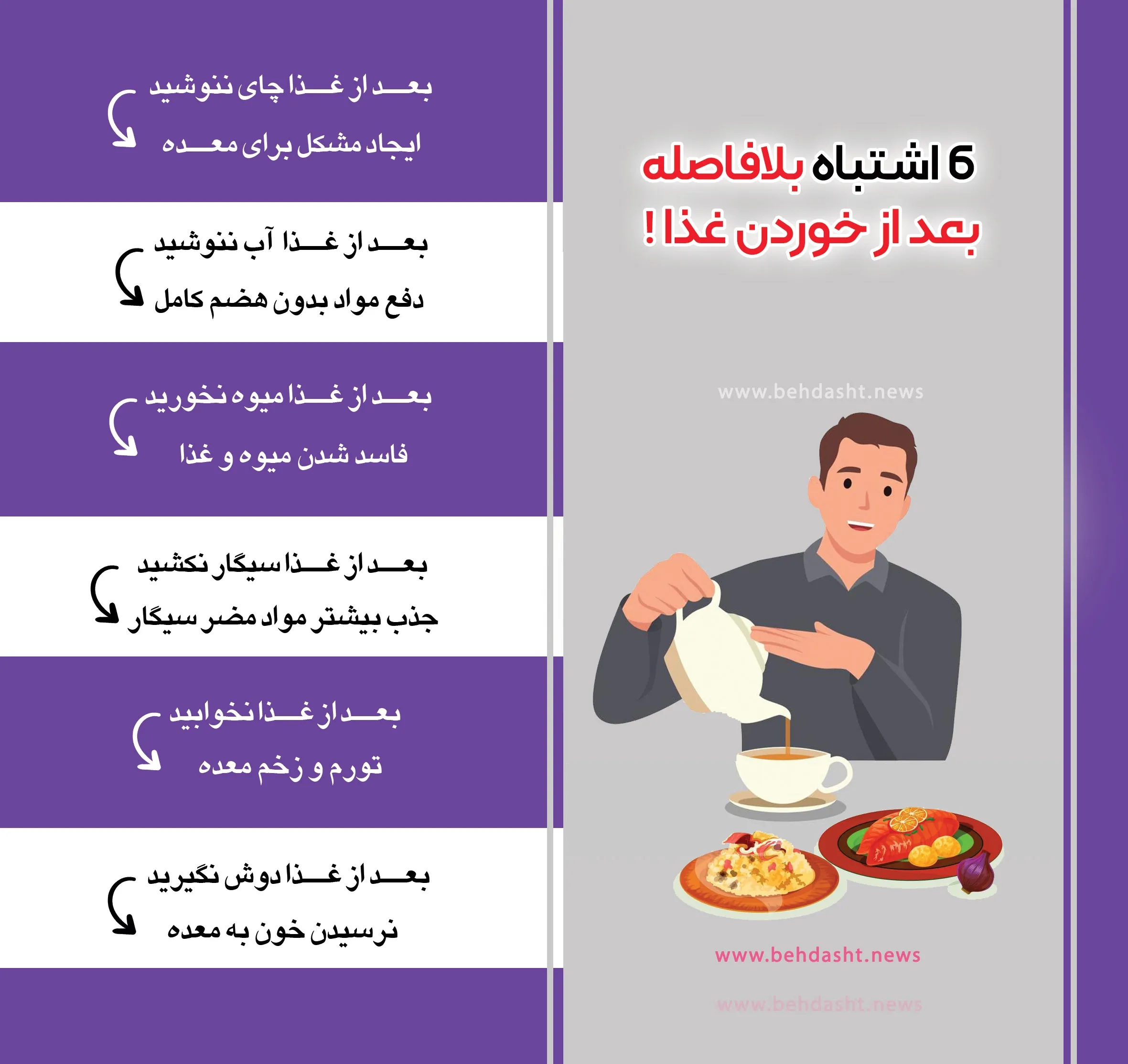 ۶ اشتباه خطرناک بعد از خوردن غذا