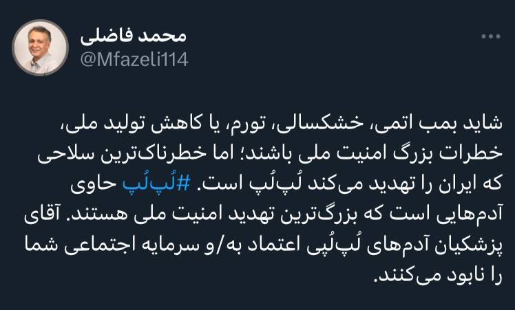 محمد فاضلی به پزشکیان: آدم‌های لپ لپی بزرگترین تهدید امنیتی هستند
