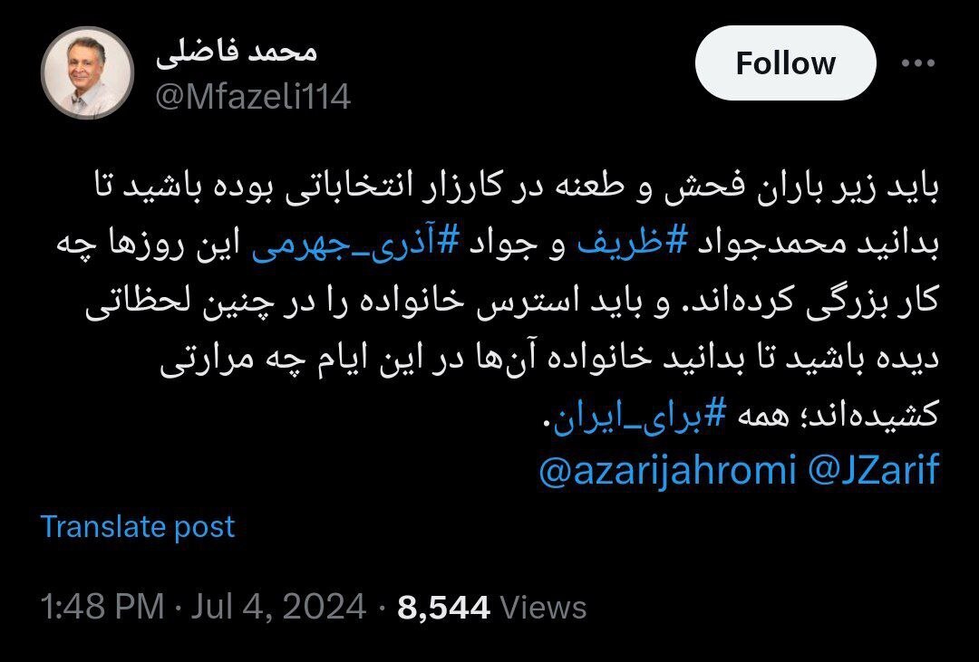 فاضلی: باید زیر باران فحش و طعنه در کارزار انتخاباتی بوده باشید تا بدانید ظریف و آذری جهرمی این روز‌ها چه کار بزرگی کرده‌اند