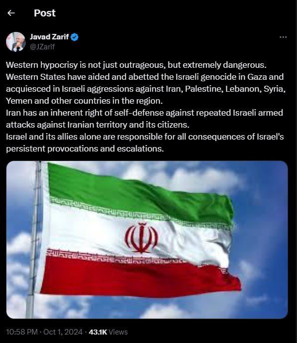 پیام انگلیسی ظریف بعد از حمله سپاه؛ اسرائیل و متحدانش مسئول تمام عواقب تحریکات مداوم اسرائیل هستند