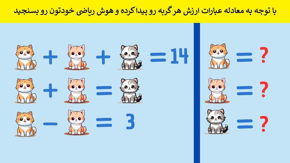 تست هوش/ با توجه به معادله عبارات ارزش هر گربه رو پیدا کنید؟