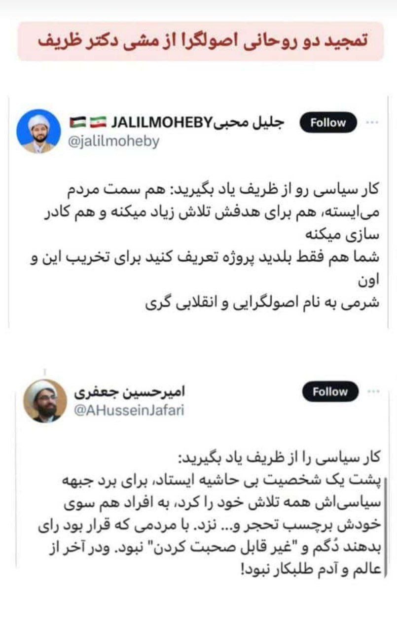 تمجید دو روحانی اصولگرا از مشی دکتر ظریف