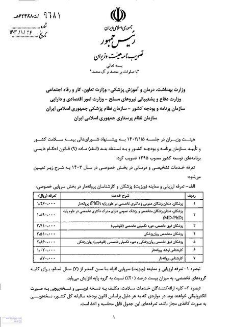 افزایش ۳۵ درصدی تعرفه های پزشکی؛ ویزیت پزشکان عمومی، ۱۲۶۰۰۰ تومان