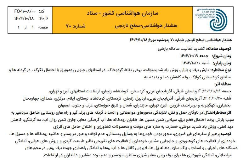 هشدار نارنجی فعالیت سامانه بارشی هشدار نارنجی فعالیت سامانه بارشی
